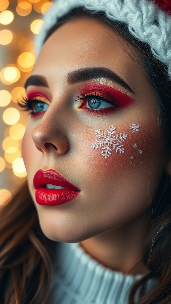 Festive Christmas makeup with red and gold eyeshadow, red lipstick, and snowflake accents.